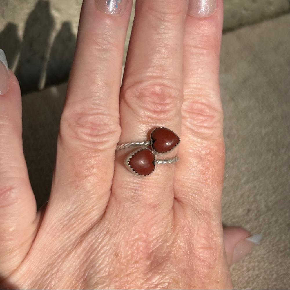 Brushed Sterling Silver Red Jasper Double Heart Ring